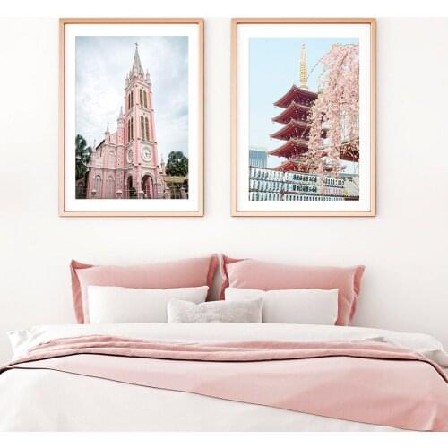 Pink Vietnam Building Janpa Pagoda Door Wall Art Canvas Painting Nordic Posters And Prints Wall Pictures For Living Room Decor