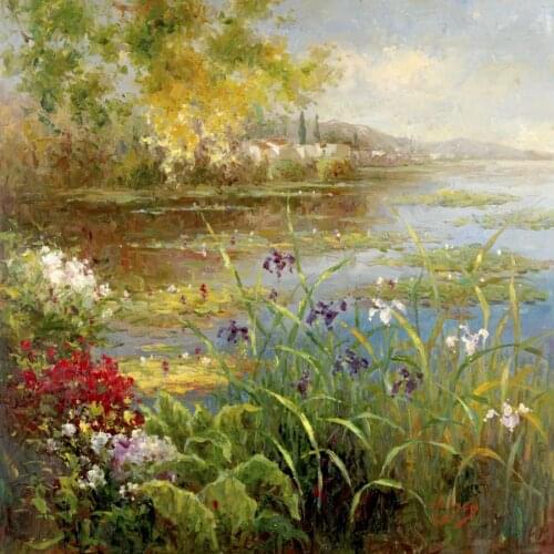 Hand painted oil paintings garden Landscapes Village Pond canvas art for wall decor