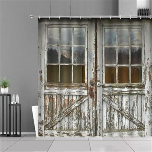 Retro-Style Wooden Door Shower Curtains Waterproof Polyester Fabric Bathroom Curtains For Home Decor