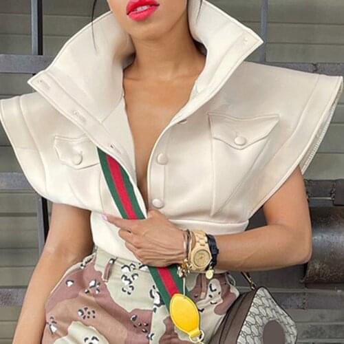 Cropped Cotton Turn-Down Collar Women Coat Single Breasted Flying Sleeve Vest Pullover Female 2021 Autumn Lady Streetwear Coats