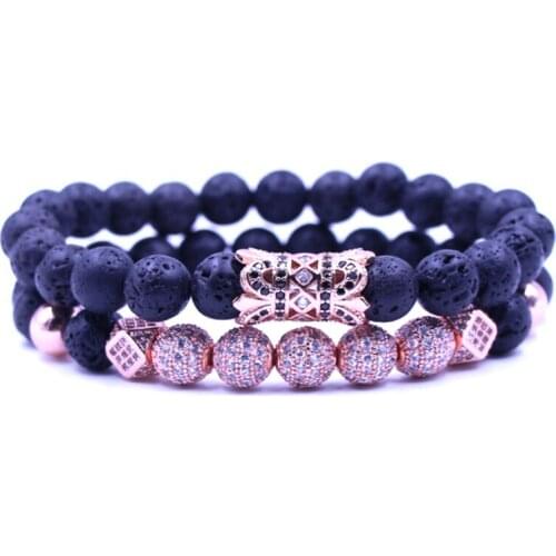 Unisex Fashion Elastic Bracelet Natural Stone Rose Gold 8mm Alloy Ball Curved Tube Micro Inset Zircon Beads Bangle Jewelry 2/Set