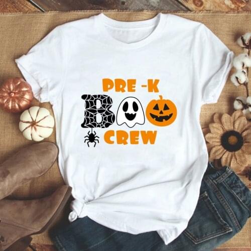 Pre-K Boo Crew Colored T-shirt Spooky Pumpkin Ghost Halloween Autumn Tshirt Funny Women Holiday Fall Tee Shirt Top