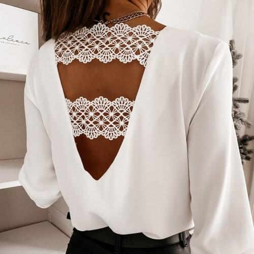 Long Sleeve White Blouse Women Sexy Lace Backless V-Neck Chiffon Blouse Shirt Tops Women Blusas Mujer De Moda 2021 Blouses E961