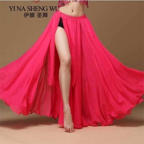 Women Belly Dance Skirt Solid Color Oriental Dance High Waist India Bollywood Unilateral Practice Split Belly Dance Long Skirt
