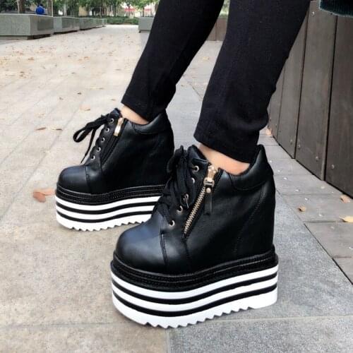 2021 Wedges Ankle Boots White Black Rubber Sole Shoes Platform Boots Women Lacing Autumn Platform Heels Shoes Heel 14cm