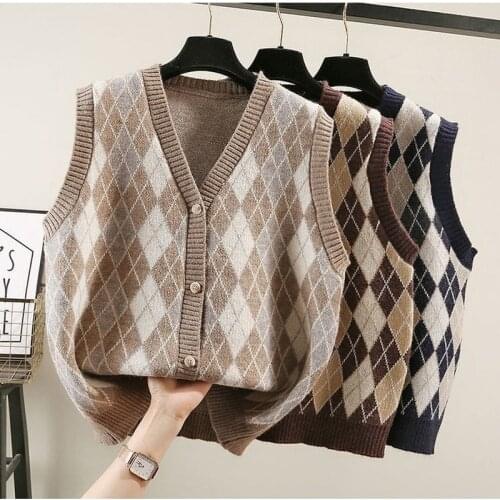Diamond plaid retro color matching sweater vest knitted cardigan women casual loose v-neck sleeveless single-breasted top