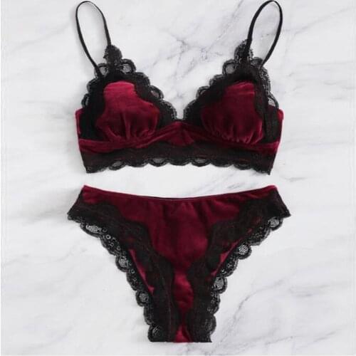 Women Sexy Lace Lingerie Velvet Pajamas Set Bodydoll Sleepwear Bra Underwear