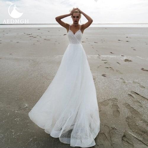 Aedmgh A-Line Beach Wedding Dresses 2021 V-Neck Beading Spaghetti Straps Bride Dress Lace Shiny Boho Robe De Mariee Bridal Gowns