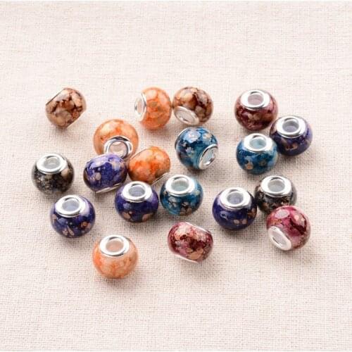 10pcs 14x11mm Mixed Spray Painted Glass European Beads, Large Hole Rondelle Beads, with Brass Cores ,Hole: 5mm F60