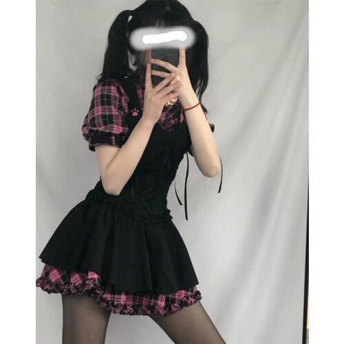 2021 Kawaii Summer Dresses For Women Plaid Fairy Clothes Short Sleeve Strap Midi Dress Lolita Harajuku Cottagecore Robe Goth