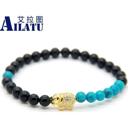 Ailatu 6mm Natural Black Stone Beads Cubic Zirconia Elephant Lucky Bracelet Animal Shape