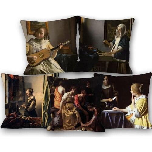 Young Woman Cushion Covers Johannes Vermeer Oil Painting Baroque Style Pillow Case 45X45cm Linen Polyester Sofa Chair Decoration