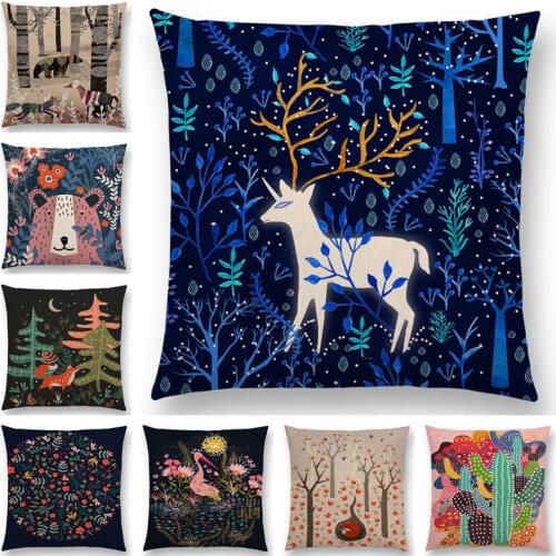 Animal Tale Spring Floral Garden Pattern Sofa Throw Pillow Case Bear Fox Unicorn Bear Birds Flower Leaf Fantasy Cushion Cover