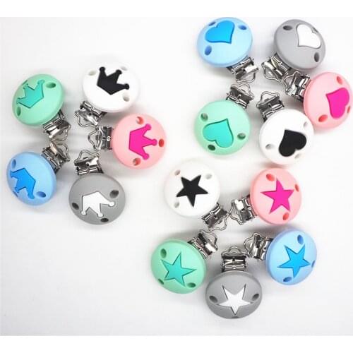 Chenkai 50PCS Round Heart Star Crown Silicone Baby Pacifier Dummy Teether Chain Holder Soother Nursing Toy Clips