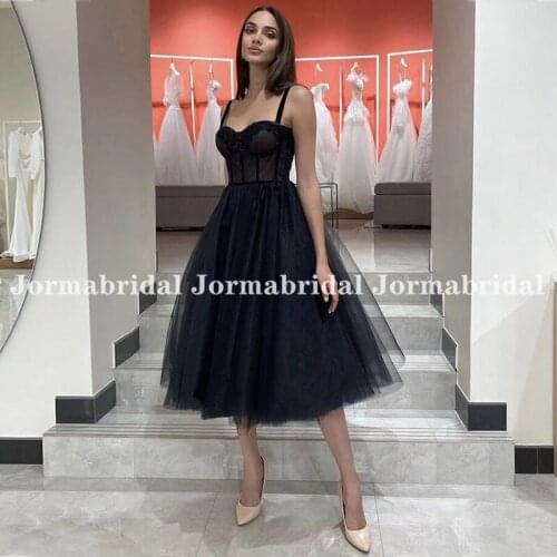 Illusion Black Short Homecoming Dresses Sweetheart Spaghetti Straps Soft Tulle Formal Party Dress Tea Length A-Line Prom Gowns