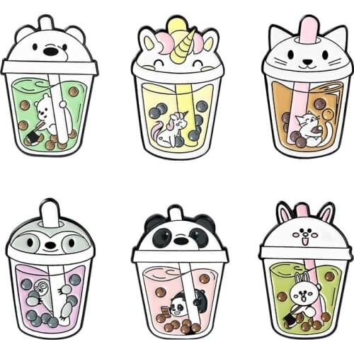 Bubble Tea Enamel Pins Cute Cat Sloth Little Horse Brooches Women Men Lapel Badges Backpack Collar Fashion Jewelry Gift For Kids