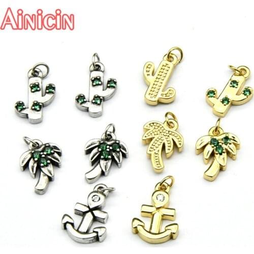 Hgih Quality Mini Size Green Zircon Setting Coconut tree Cactus Anchor Shape Pendants & Charms For Summer Jewelry Making 20pcs