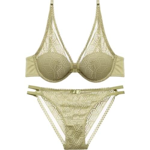 Avocado Green Bra Set Deep V Gather Push Up Lingere Women Light Padded Underwired Geometric Pattern Sexy Lingerie