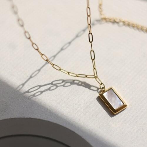 Less Is More 2021 Minimalist Stainless Steel 18k Gold Plated Paper Clip Chain Mother of Shell Square Pendant Necklaces for Women
