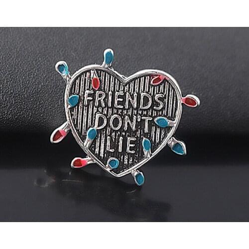 Horror TV Stranger Things Heart Brooches Pins Letter "Friends Don't Lie" light Bulb Badge Metal Brooch Fans Bag Hat Accessory