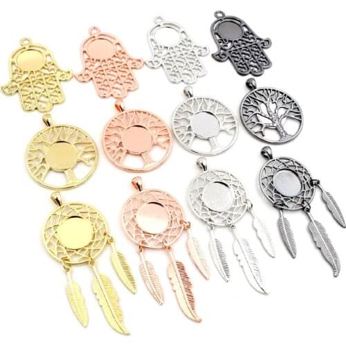 5pcs 14mm Inner Size High Quality Rhodium Gold ColorTree Leaf Feather Wings Fame Style Cabochon Base Cameo Charms Pendant