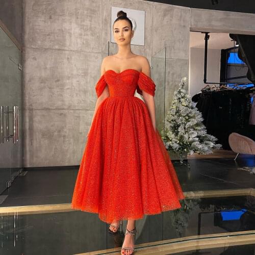 Fashion Orange Women Dress Off-The-Shoulder A-Line Sequins Evening Dresses Tulle Ruffle Ball Dress Custom Made Plus Size