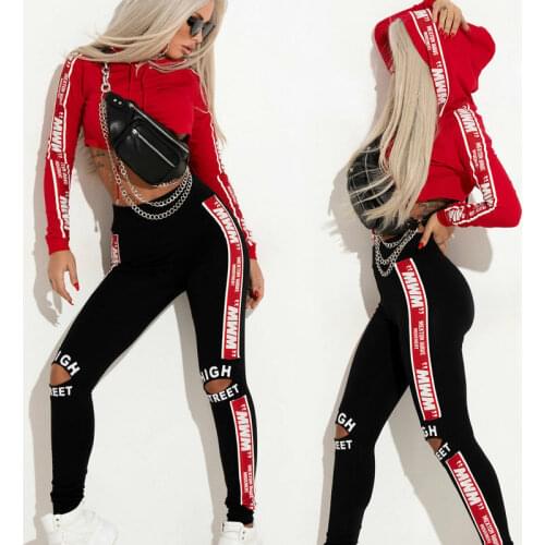 Fashion Punk Hip Hop Set Streetwear 2 Piece Set Autumn Long Sleeve Hoodies and Matching Printed Hole Long Pants Women Tracksuits