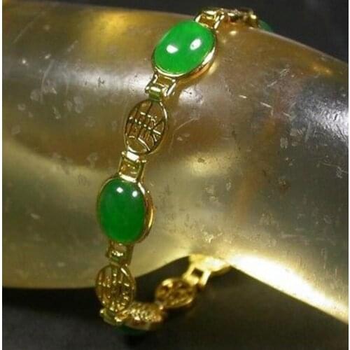 New hot Yellow Gold Plate CHINESE Green JADE Cabochon Fu Lucky Bangle Bracelet