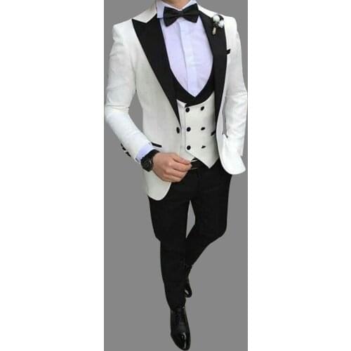 2021 Autumn Tailor Made Fashion White Male Suit Black Lapel Slim Fit Groom Tuxedo For Wedding Party Costome (Jacket+Pants+Vest)