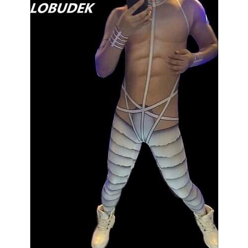 Personalized 3D Printing Jumpsuits Sexy Stretch Skinny Rompers Nightclub Bar Men Stage Outfit DJ Pole Dancing Show Dance Costume