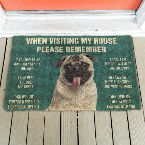 Please Remember Pug Dogs House Rules Doormat Decor Print Carpet Soft Flannel Non-Slip Doormat for Bedroom Porch