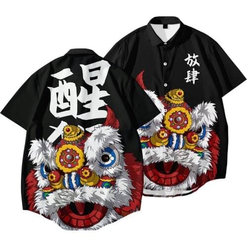 Chinese Style Men Short Sleeve Shirt Camisa Men Black Printed Casual Shirts Breathable Hawaiian Beach Shirts Streetwear