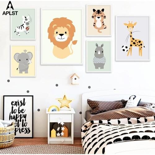 Cartoon Baby Rhinoceros Lion Tiger Elephant Giraffe Prints Painting Animal Canvas Poster Nursery Wall Art Kids Bedroom Picture