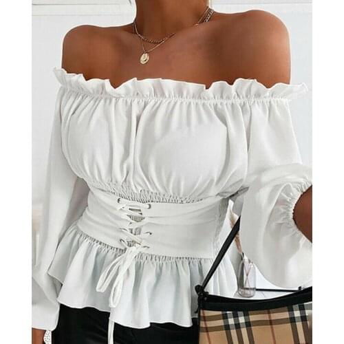 Sexy Off Shoulder Blouse Solid Color Lantern Long Sleeve Ruffle Women Shirts Slim Self-tie Waist Autumn Tops AM2153