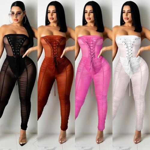 Sexy Mesh Sheer Bodycon Lace Up Jumpsuit Women 2021 Summer Clothes Off Shoulder Rompers One Piece Night Club Outfits