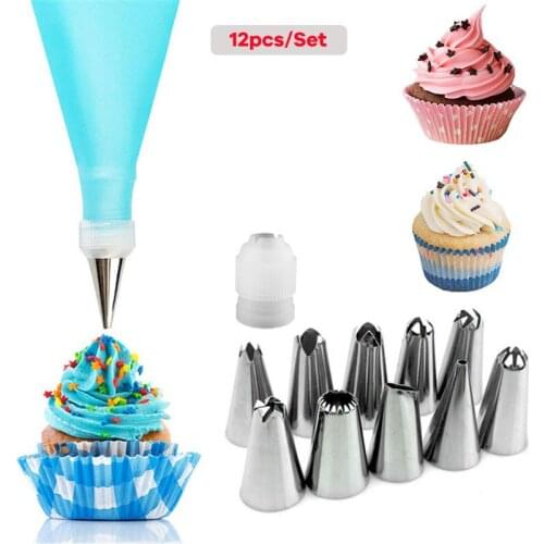 12pcs Silicone Pastry Bag Kitchen DIY Icing Piping Cream Reusable Pastry Bag With 12 Nozzle Sets Cake Decorating Tools