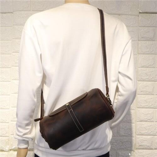 Vintage Crazy Horse Leather Men Barrel-shaped Crossbody Bag Genuine Leather Pillow Sling Beg