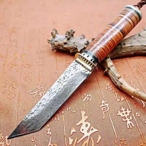 High quality custom hunting knives outdoor Bowie knife survival Combat Sharp Damascus steel blade Bushcraft sheath rescue tool