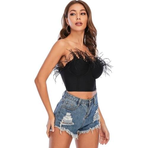 Women Strapless bandage crop top bodycon feather black elegant sexy off shoulder celebrity party dinner strapless night wear