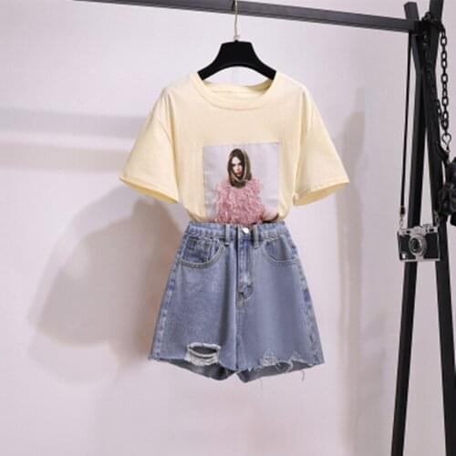 Woman Short Sleeve Print Character T Shirt Tops + Denim Shorts two Piece Sets 2021 Summer Womens Wide Leg Hot Pant Suit Clothes
