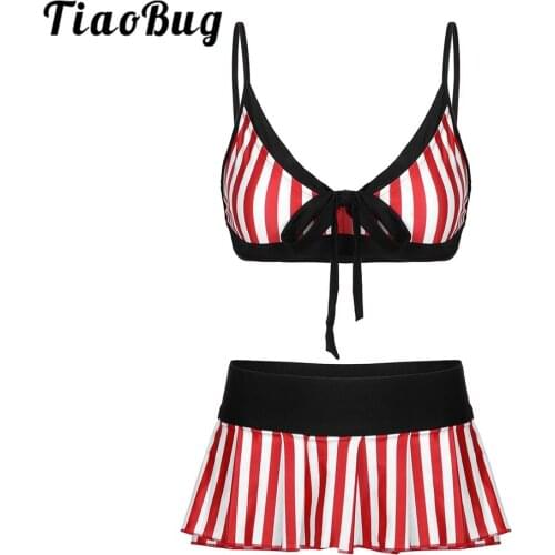 Women Fashion Striped Swimsuit Bikini Set Adjustable Straps Deep V Neck Bra Tops with Mini Pleated Skirt Sexy Swimwear Beachwear