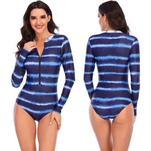 Long Sleeve Rash Guard Women Print Swimwear Zipper One Piece Swimsuit Black Surfing Suit Pad Bathing Suits UV Protect Beachwear