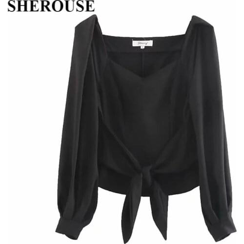 SHEROUSE Women Fashion Bandage Solid Cropped Shirt V-Neck Long Sleeves Vintage Woman Shirts Chic Lady Tops Blouse