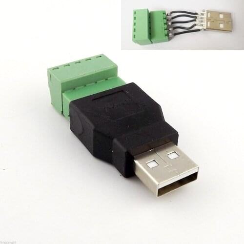 1pcs USB 2.0 Type A Male to 5 Pin Screw w/ Shield Terminal Plug Adapter Connector