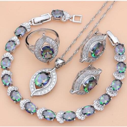 925 Sterling Silver Natural Mystic Rainbow Zircon Stone Jewelry Sets For Women Earrings/Pendant/Ring/Bracelet/Necklace Set