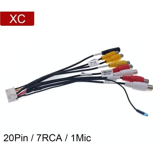 Car Radio Stereo 20Pin 7RCA Video Output Wire Harness Connector Adaptor Aux-in Adapter With 3.5mm Microphone Mic For Android