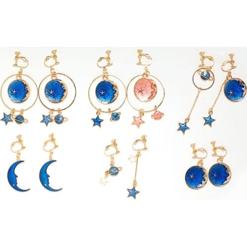 Grace Jun Top Quality Enamel Moon Planet Stars Shape Clip on Earrings Without Piercing for Women Party Luxury No Hole Earrings