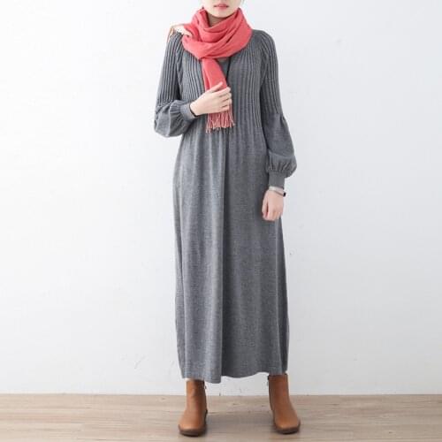 Johnature 2021 Autumn New Original Design Artistic Puff Sleeve Sweater Dress Solid Color Knitted Sweater Womens One Size Dress