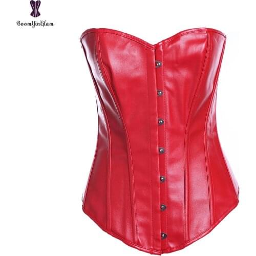 Faux Leather Overbust Corset Top Steampunk Corselette Sexy Body Shaper Red Black Plus Size Waist Trainer Bustier Cincher