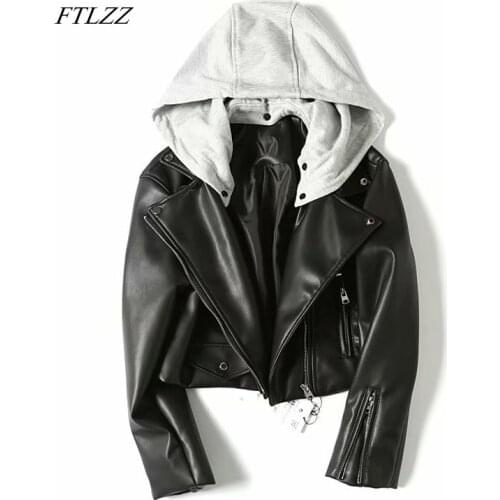 FTLZZ Women New Faux Soft Leather Short Jackets Hooded Pu Motorcycle Hat Detachable Black Punk Zipper Coat Female Outerwear